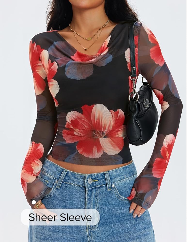 ZESICA Womens Floral Mesh Long Sleeve Tops 2025 Fall Cowl ZESICA Womens Floral Mesh Long Sleeve Tops 2025 Fall Cowl